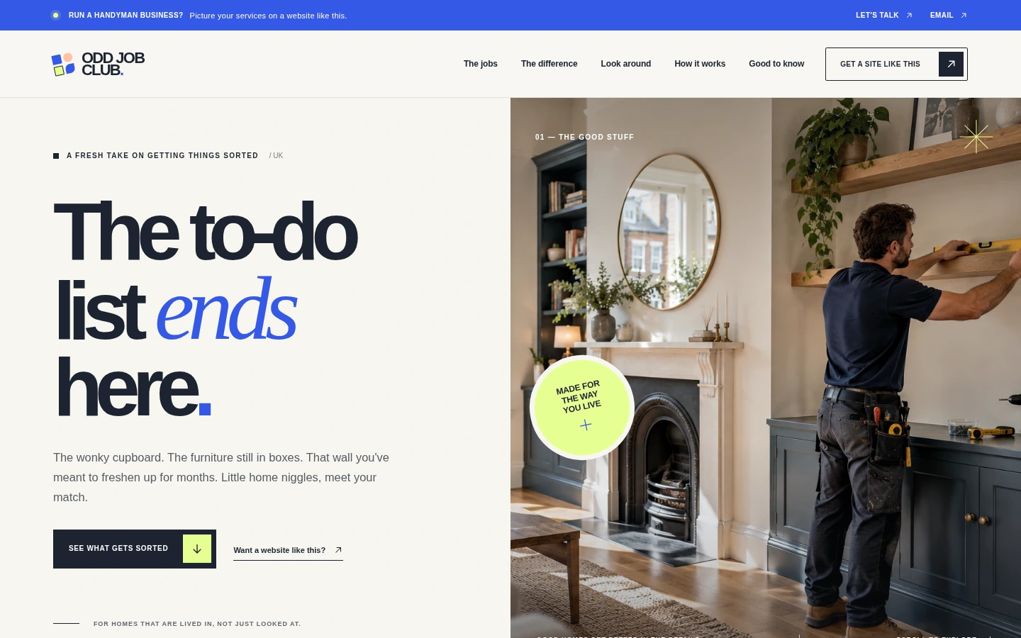 Actual screenshot of the Odd Job Club handyman website, featuring bold cobalt accents and contemporary typography