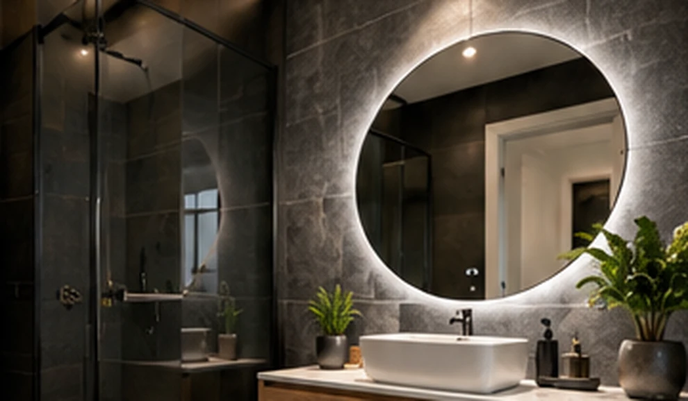 Contemporary bathroom with refined tiling, lighting and cabinetry