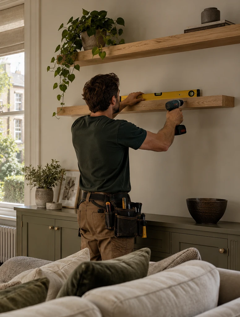 Close-up of a handyman precisely adjusting a fitted oak shelf