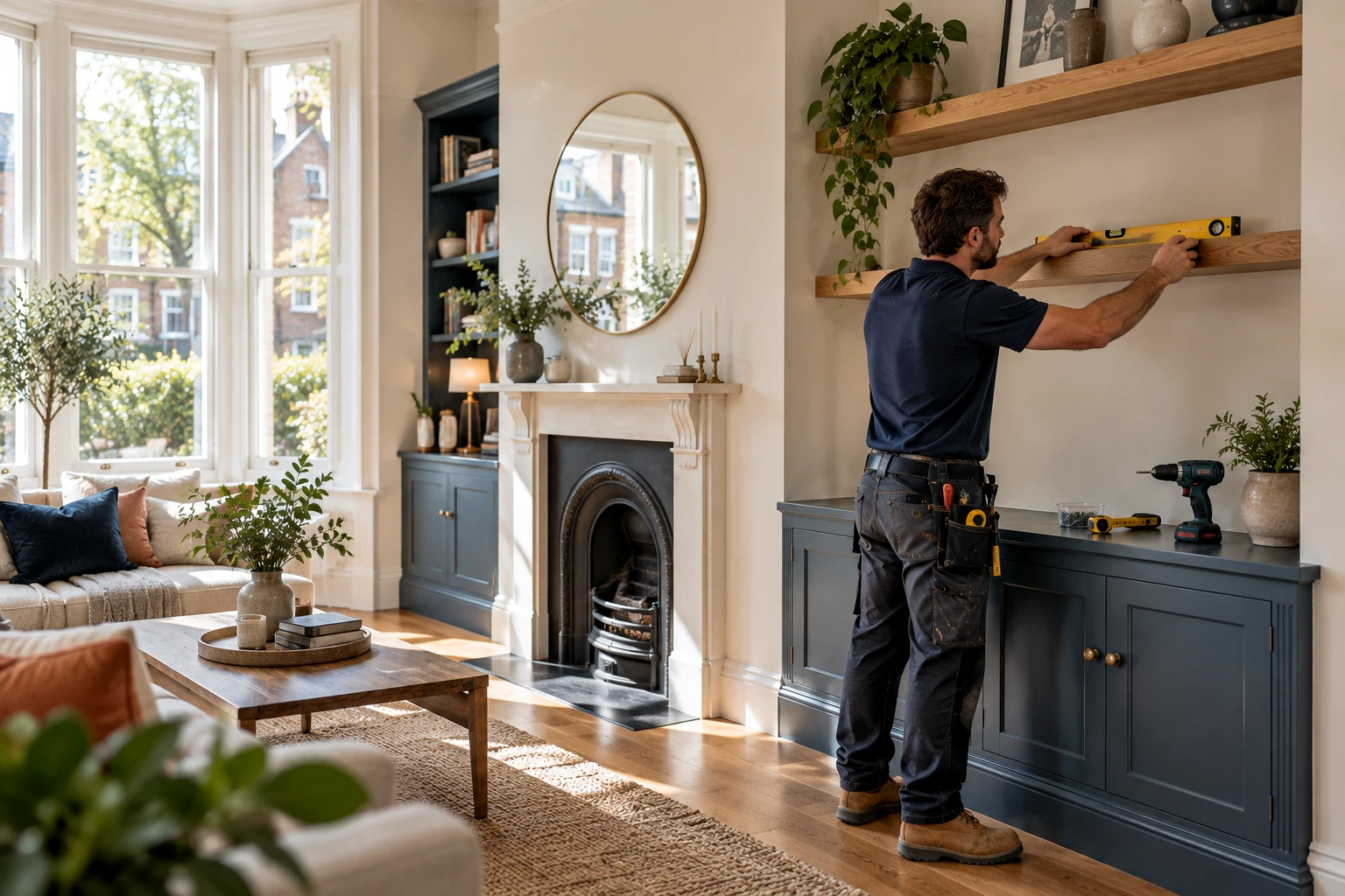 Home improvement specialist carefully levelling an oak shelf in a bright British sitting room