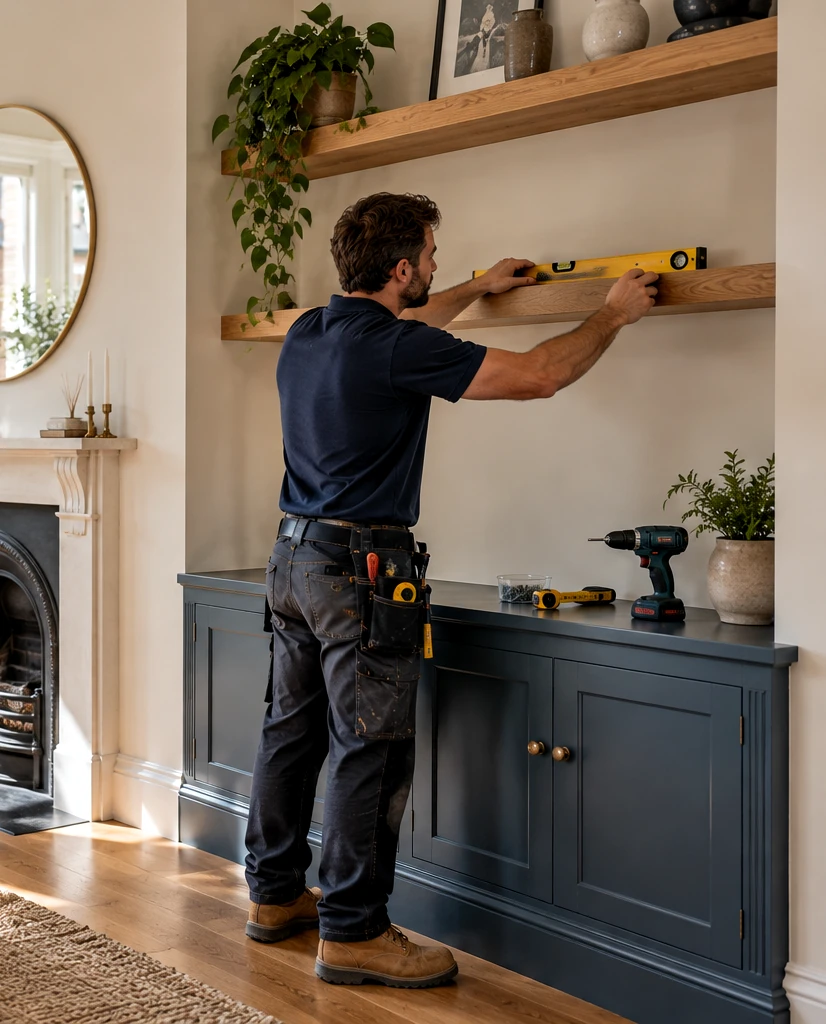 Carefully aligned wooden wall shelves above painted fitted cabinetry
